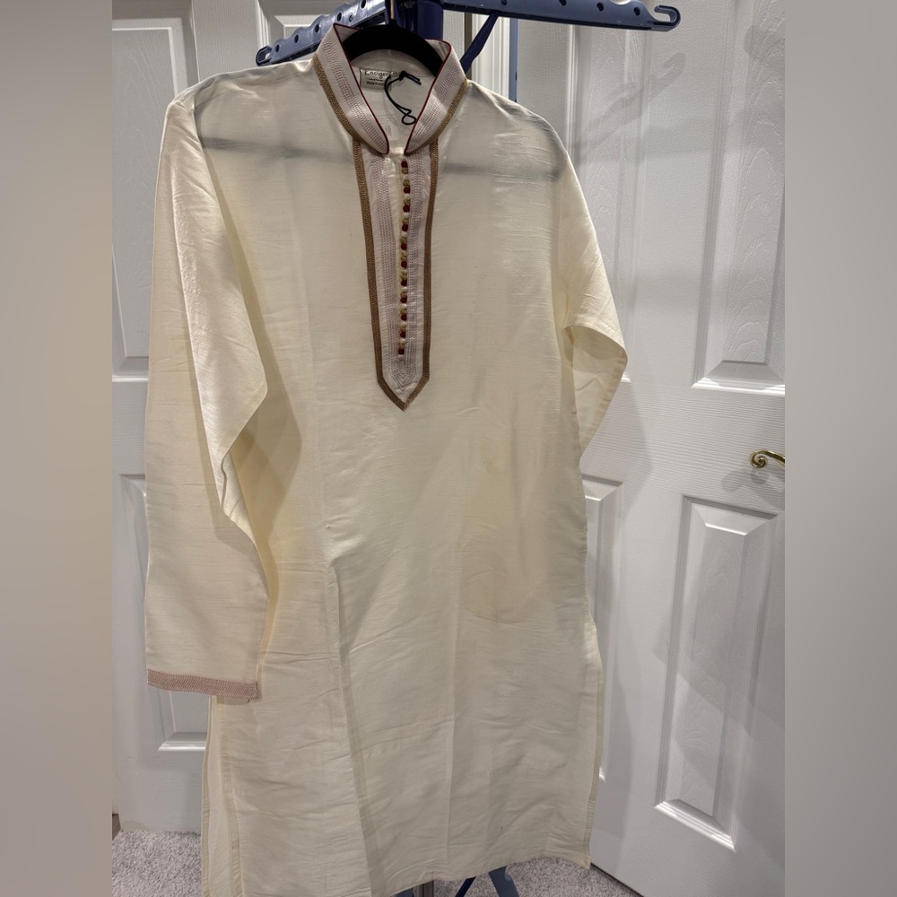 Cream Traditional Kurta with Gold and Red Accents